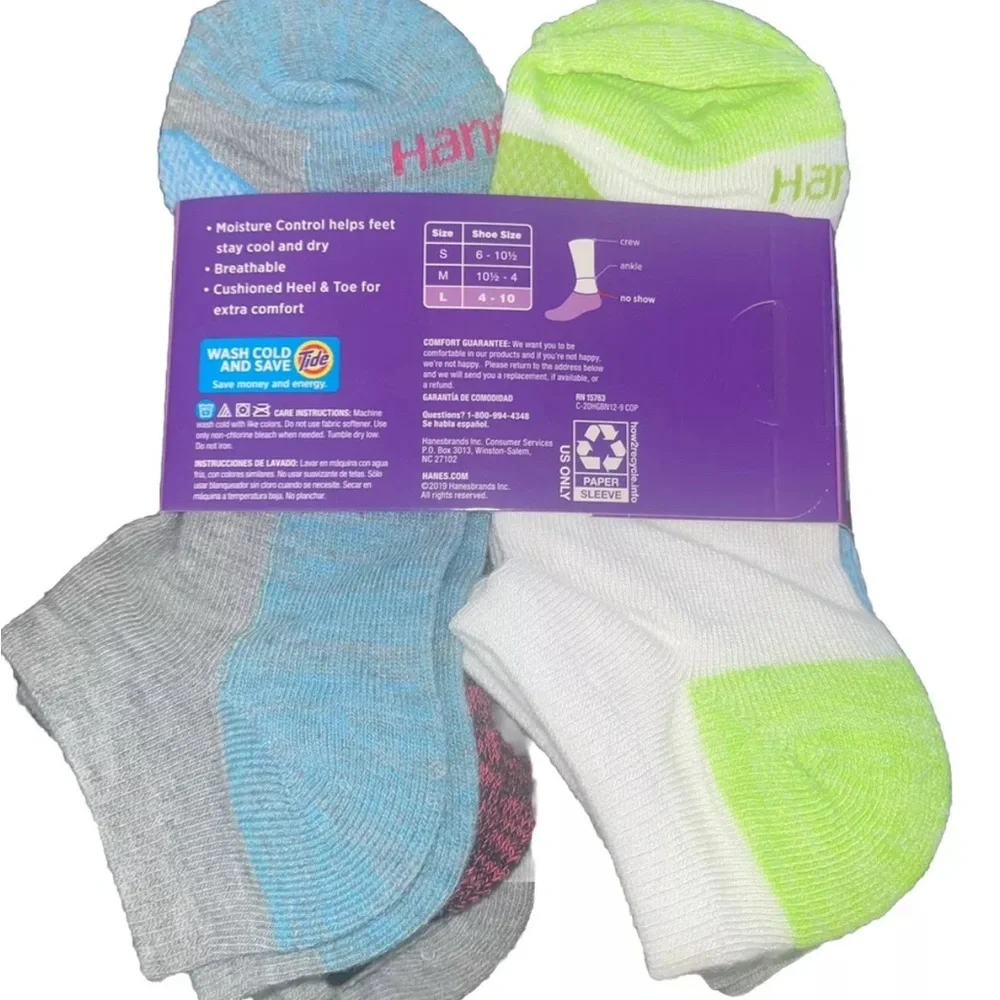Hanes Girls No Show Soft Breathable 12-Pack Size Large 4 - 10 MultiColor Socks